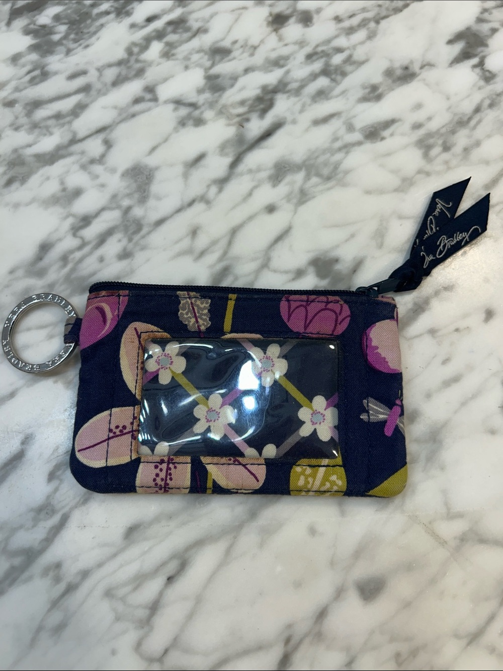 Vera Bradley Navy Floral Quilted ID Case with Pink & Yellow Accents